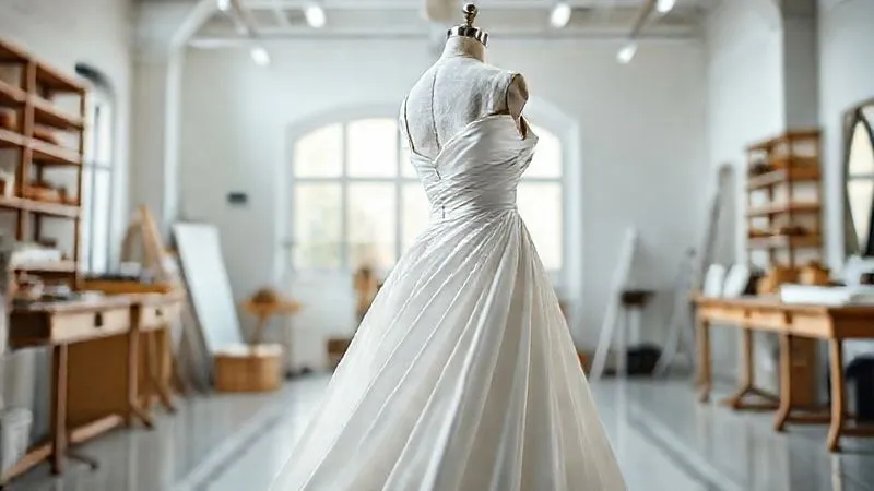 Photorealistic, professional photography, 8K, cinematic lighting, sharp focus, depth of field, shot on a high-end DSLR. A perfectly draped haute couture gown on a bespoke mannequin in a pristine, softly lit atelier. The fabric flows flawlessly, showcasing intricate details. The scene exudes an aura of ultimate perfection, luxury, and meticulous craftsmanship, with no visible flaws.