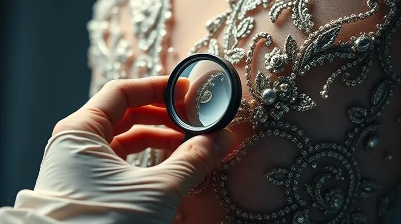 A close-up, photorealistic image of an expert's hands using a jeweler's loupe to meticulously inspect a tiny, damaged section of a heavily embellished haute couture gown, cinematic lighting highlighting the intricate details, sharp focus on the inspection, 8K, shot on a high-end DSLR.