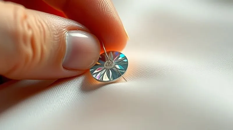 A macro, photorealistic image of a skilled hand, wearing a thimble, meticulously reattaching a tiny, iridescent sequin onto a luxurious silk fabric with a fine needle and almost invisible thread. The sequin glitters under soft, focused cinematic lighting, sharp focus, 8K, shot on a high-end DSLR.