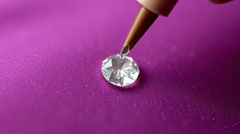 A close-up, photorealistic image of a tiny, sparkling crystal being carefully re-adhered onto a rich velvet haute couture fabric using a fine-tipped applicator and a minuscule drop of clear adhesive. The crystal reflects cinematic lighting, sharp focus on the point of contact, 8K, shot on a high-end DSLR.