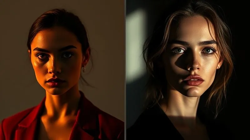 A photorealistic, professional photography, 8K image showcasing a stark comparison: on the left, a fashion model lit by flat, uninspired light, lacking dimension; on the right, the same model dramatically lit with deep shadows and sharp highlights, exuding a cinematic noir aesthetic. Cinematic lighting, sharp focus, depth of field, shot on a high-end DSLR.