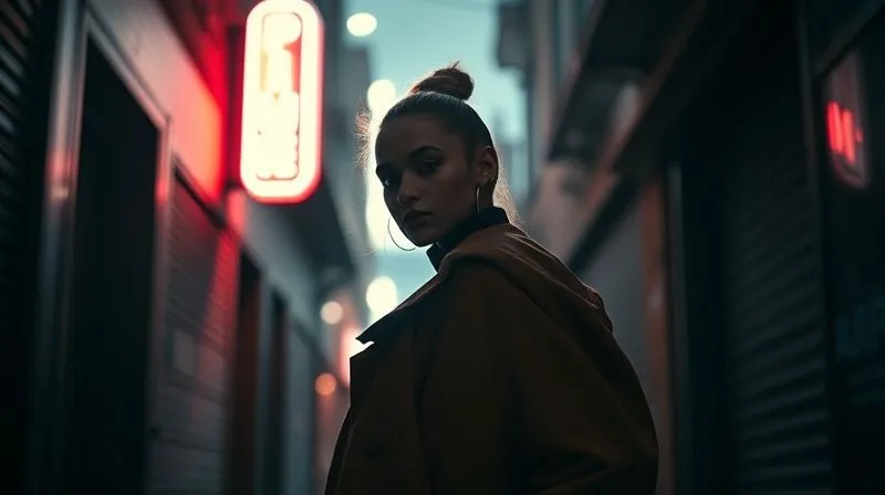 A photorealistic, professional photography, 8K image of a fashion model in a shadowy alley, illuminated by a harsh, dramatic kicker light from behind, creating a sharp outline, with a subtle, glowing practical neon sign in the blurred background. Cinematic lighting, sharp focus on the model, depth of field, shot on a high-end DSLR.