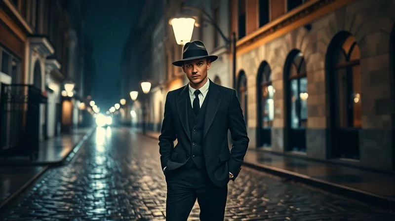 A photorealistic, professional photography, 8K image of a fashion model in a classic 1940s-inspired suit and fedora, standing under a dramatic, hard streetlamp light at night, casting long, sharp shadows across a rain-slicked cobblestone street. The scene evokes a quintessential cinematic noir atmosphere. Cinematic lighting, sharp focus on the model, depth of field, shot on a high-end DSLR.