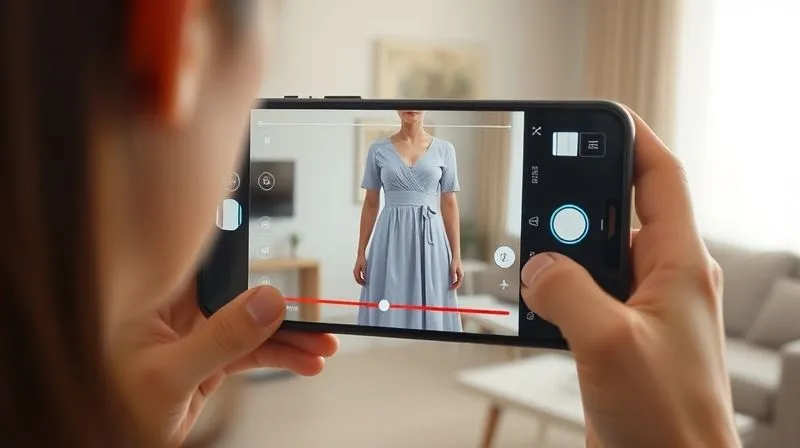 Photorealistic close-up of a smartphone screen displaying an augmented reality virtual try-on experience, a digital dress perfectly overlaid on a real person in a living room, with interactive sliders, 8K.