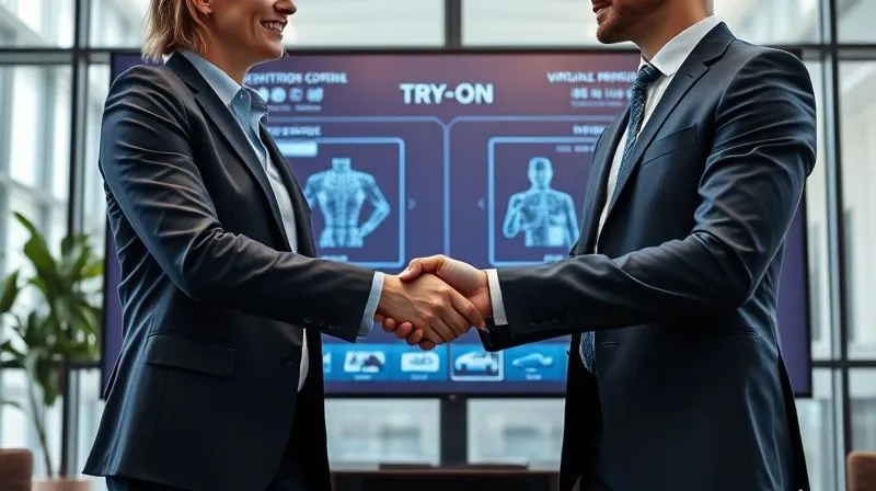 Photorealistic image of two business professionals shaking hands in front of a large screen displaying a sophisticated 3D virtual try-on interface, representing a successful partnership, modern office setting, 8K.