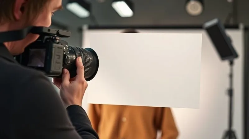 A professional photographer on a fashion set, holding a neutral grey card in front of a model, calibrating the camera's white balance. Cinematic studio lighting illuminates the scene, with high-end camera gear visible. Photorealistic, professional photography, 8K, sharp focus on the grey card and camera, depth of field blurring the background, shot on a high-end DSLR.