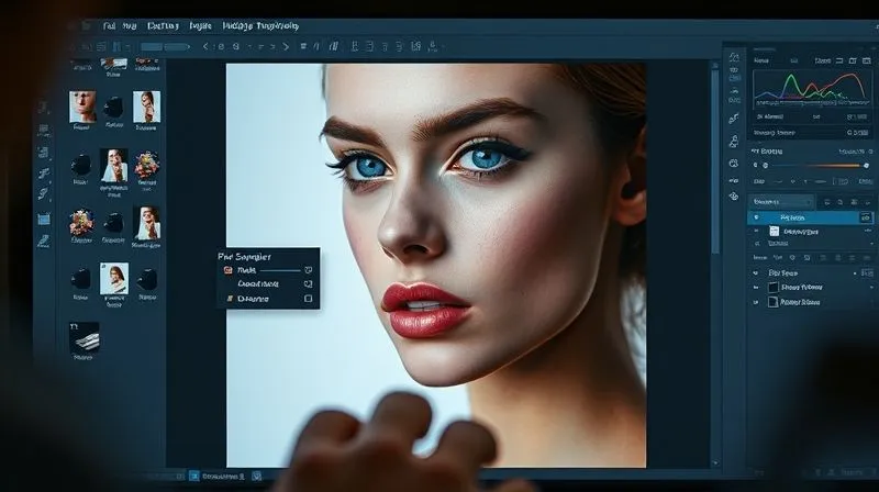 A close-up of a digital retoucher's screen in Adobe Photoshop, showing multiple adjustment layers and a mask applied to a fashion portrait. The Color Sampler Tool is active, displaying RGB values on the Info panel. The image on the screen depicts a model's face with subtle color correction in progress. Photorealistic, professional photography, 8K, cinematic lighting, sharp focus on the screen details, depth of field blurring the retoucher's hands in the foreground, shot on a high-end DSLR.