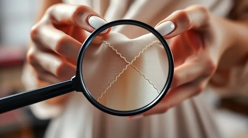 Photorealistic, professional photography, 8K, cinematic lighting, sharp focus on a delicate piece of haute couture silk fabric, held taut by elegant hands. A magnifying glass is positioned over a subtly puckered seam, revealing the intricate silk fibers and stitching details. The background is a soft blur of a textile atelier, depth of field, shot on a high-end DSLR.
