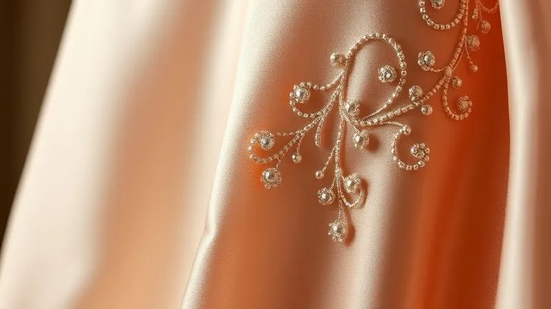 Photorealistic, professional photography, 8K, cinematic lighting, sharp focus on a section of a haute couture silk gown, where intricate hand-embroidery with silk threads and delicate beads elegantly covers a subtly uneven seam. The embellishment appears as a deliberate, flowing design element, seamlessly integrated into the luxurious fabric. The background is softly blurred, showcasing the texture of the silk, depth of field, shot on a high-end DSLR.