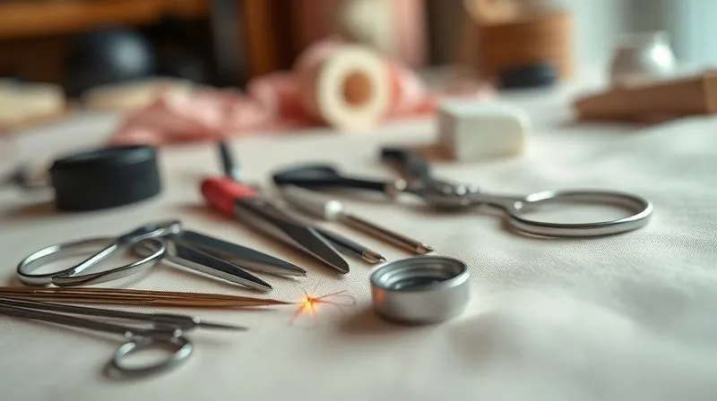 Photorealistic, professional photography, 8K, cinematic lighting, sharp focus on an array of specialized haute couture tailoring tools laid out on a luxurious silk fabric. Items include ultra-fine needles, precision micro-scissors, a jeweler's loupe, and delicate silk threads. The background is a blurred atelier, depth of field, shot on a high-end DSLR.