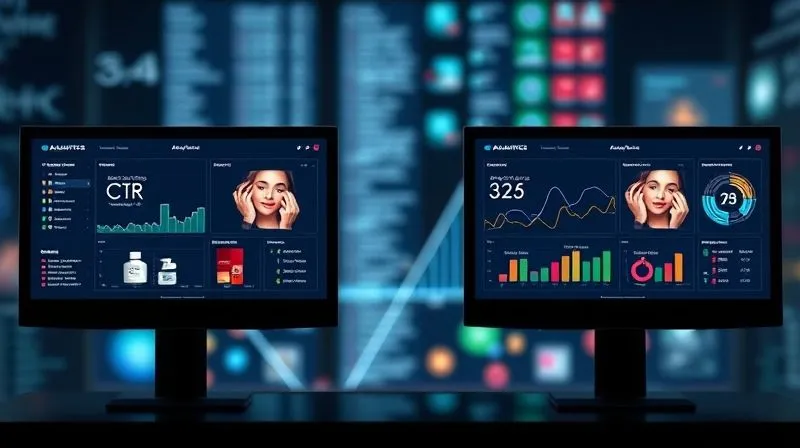 A photorealistic, professional photography of two distinct digital screens side-by-side, each displaying a different version of an AI beauty product recommendation interface (A and B). Subtle digital lines connect them to a central analytics dashboard showing real-time conversion metrics like 'CTR' and 'Conversion Rate', with version B clearly outperforming A. Cinematic lighting, sharp focus on the screens, depth of field blurring a background of blurred data visualizations, 8K hyper-detailed, shot on a high-end DSLR.