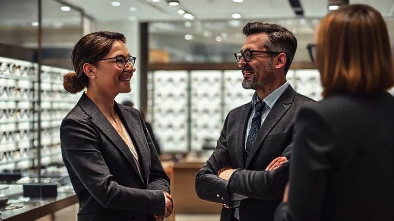 A photorealistic, professional photography, 8K image showing a well-dressed sales associate in a luxury eyewear boutique warmly greeting a sophisticated client. The boutique interior is elegant and minimalist, with soft, inviting lighting. Sharp focus on the interaction, depth of field blurring the background display of high-end frames. Cinematic lighting, shot on a high-end DSLR, conveying a welcoming and exclusive atmosphere.