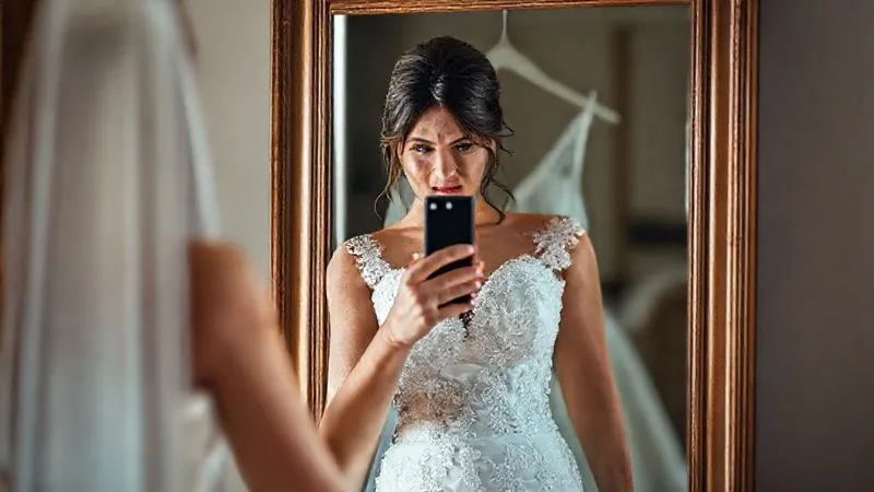 A photorealistic image of a distressed bride standing in front of a full-length mirror, holding her phone to take a picture of a poorly altered wedding dress, her expression a mix of frustration and determination. The dress shows obvious fit issues, with pins still visible. Cinematic lighting, sharp focus on the bride and dress, depth of field blurring the background slightly, 8K hyper-detailed, professional photography, shot on a high-end DSLR.