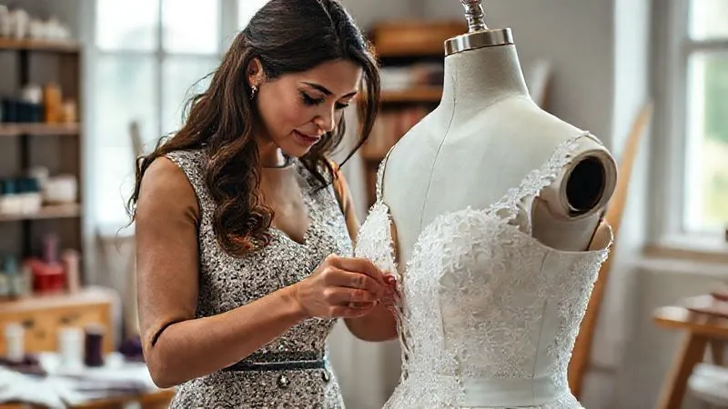 A photorealistic image of a skilled bridal seamstress, with a focused and empathetic expression, meticulously examining the bodice of a wedding dress on a mannequin, her hands gently pinning fabric. The studio environment is professional, with spools of thread and fabric swatches in the background. Cinematic lighting, sharp focus on the seamstress's hands and the dress, depth of field blurring the background, 8K hyper-detailed, professional photography, shot on a high-end DSLR.
