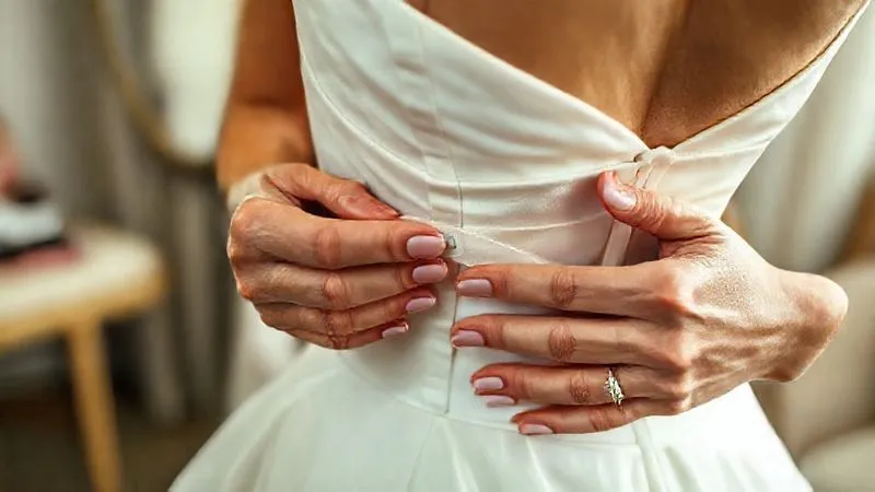 A photorealistic close-up of a bride's hands, with delicate manicured nails, carefully applying double-sided fashion tape to the inside of her wedding dress bodice, trying to secure a slipping strap or gapping fabric. A small emergency sewing kit is visible on a nearby surface. Cinematic lighting, sharp focus on the hands and tape, depth of field blurring the background of a bridal dressing room, 8K hyper-detailed, professional photography, shot on a high-end DSLR.
