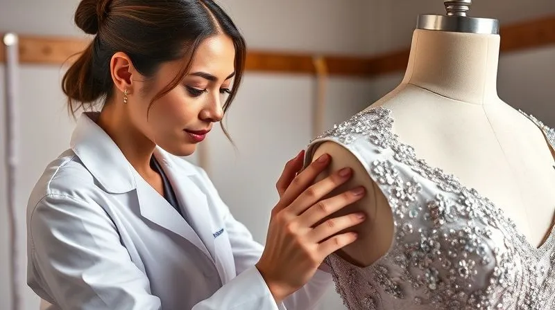 A photorealistic, professional photography, 8K, cinematic lighting, sharp focus, depth of field, shot on a high-end DSLR. An experienced haute couture tailor, wearing a crisp white lab coat, gently adjusting the shoulder seam of a client's elaborate, shimmering gown on a fitting model, a thoughtful expression on her face, with measuring tapes and pins visible in the background, conveying precision and attention to detail.