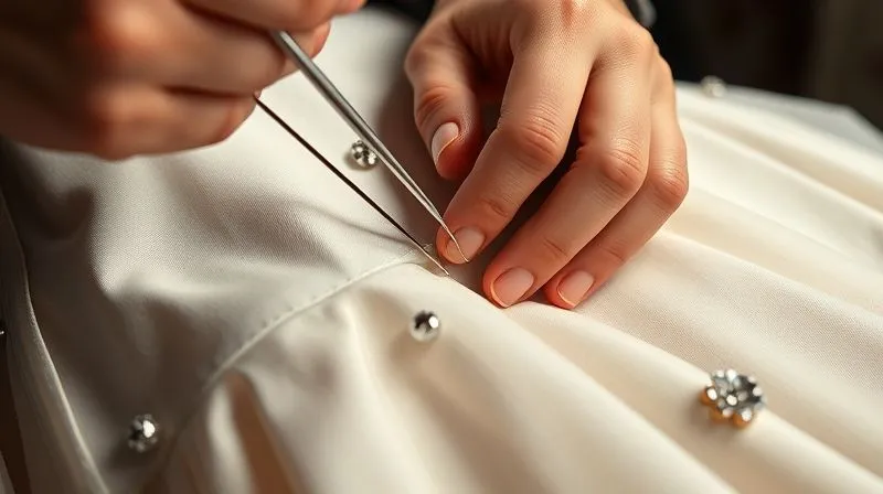 A photorealistic, professional photography, 8K, cinematic lighting, sharp focus, depth of field, shot on a high-end DSLR. Close-up of a tailor's hands, with thimble and needle, making a final, invisible hand-stitch on the hem of a luxurious haute couture dress, with delicate fabric and subtle embellishments visible, emphasizing meticulous craftsmanship and dedication to detail.
