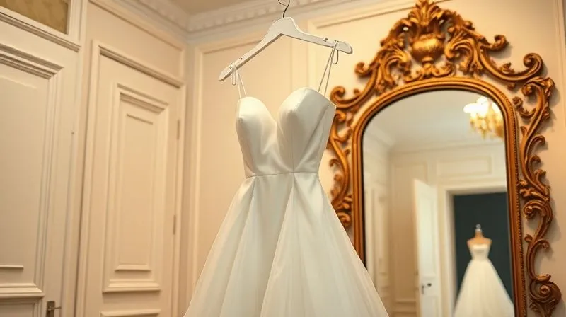 A photorealistic, professional photography, 8K, cinematic lighting, sharp focus, depth of field, shot on a high-end DSLR. A haute couture gown, perfectly fitted and pressed, hanging elegantly on a padded hanger in a luxurious, softly lit dressing room, with a reflection in a large ornate mirror, conveying a sense of achieved perfection and readiness for the client.