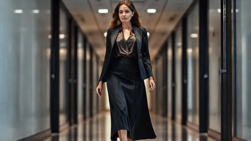 photorealistic, professional photography, 8K, cinematic lighting, sharp focus, depth of field, shot on a high-end DSLR. A professional woman with an apple body shape confidently walking through a modern office corridor. She is wearing a perfectly tailored, dark-colored A-line skirt that falls to her knees and a flowing, V-neck blouse, topped with an open, structured blazer. Her posture is upright and confident, and the clothing clearly flatters her silhouette, emphasizing her long legs. The lighting is bright and professional.