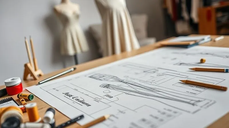 A photorealistic, professional photography, 8K, cinematic lighting, sharp focus, depth of field, shot on a high-end DSLR, a close-up of a detailed haute couture design sketch laid out on a large drafting table, surrounded by fabric swatches, spools of thread, and various tailoring tools, a half-finished toile draped on a mannequin in the soft background, emphasizing the meticulous planning phase.