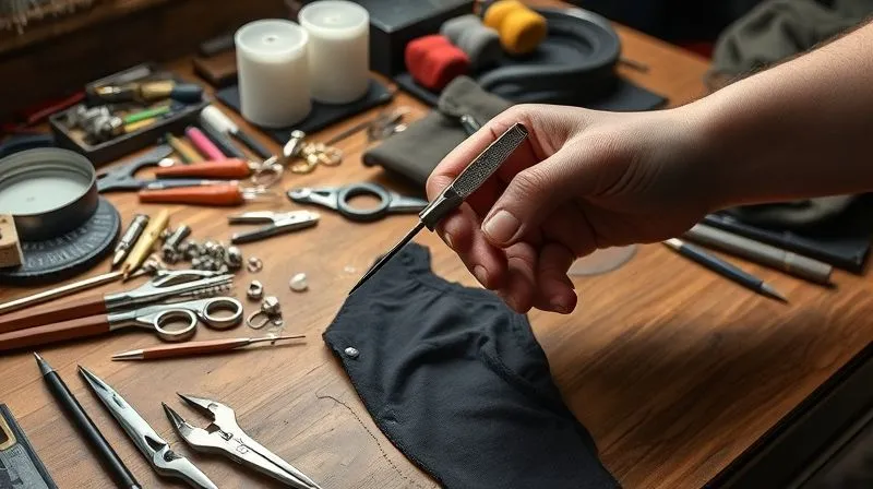 A photorealistic, professional photography, 8K, cinematic lighting, sharp focus, depth of field, shot on a high-end DSLR, an atelier workbench filled with various couture tools – needles, thimbles, specialized pliers, magnifying glass, rolls of unusual fabrics, and a partially disassembled garment. A hand is holding a bespoke tool, suggesting innovation and problem-solving, soft light illuminating the intricate details.