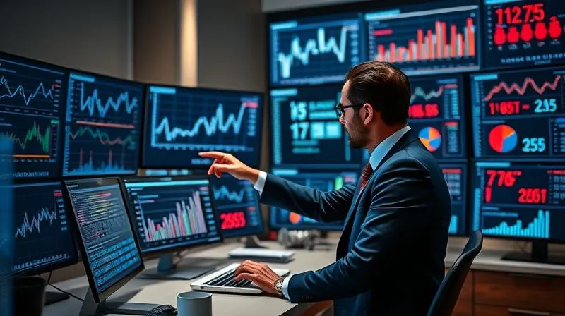 A photorealistic image of a sophisticated data analyst in a luxurious, minimalist office, surrounded by multiple large screens displaying complex graphs, charts, and real-time social media feeds related to fashion. The analyst is pointing to a specific data spike, illustrating micro-trend identification. Cinematic lighting, sharp focus, depth of field, 8K, shot on a high-end DSLR.