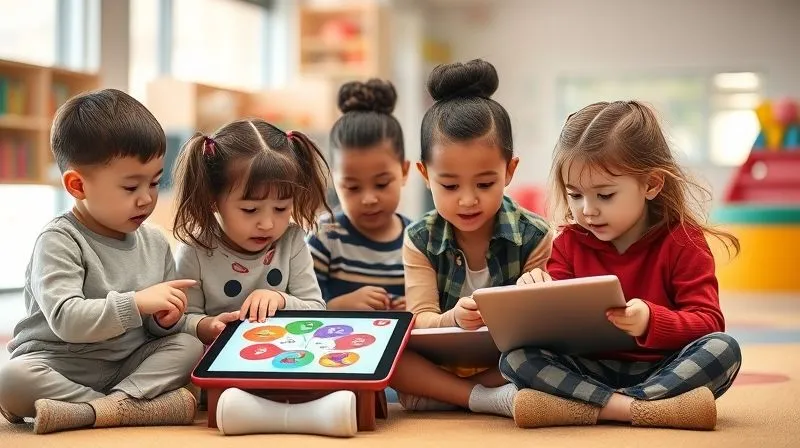 A photorealistic image of a diverse group of children (4-8 years old) playing in a modern, brightly lit indoor play area, some interacting with digital tablets showing colorful patterns, while others are engaged in imaginative play with stylish, comfortable outfits. Cinematic lighting, sharp focus on the children, depth of field, 8K, professional photography.