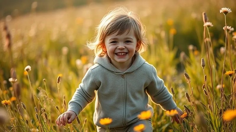 A photorealistic image of a young child (around 6 years old) happily playing in a sun-drenched meadow, surrounded by wildflowers. The child is wearing comfortable, earthy-toned clothing made from natural, sustainable fabrics. Soft, warm cinematic lighting, sharp focus on the child, depth of field blurring the background, 8K, professional photography.