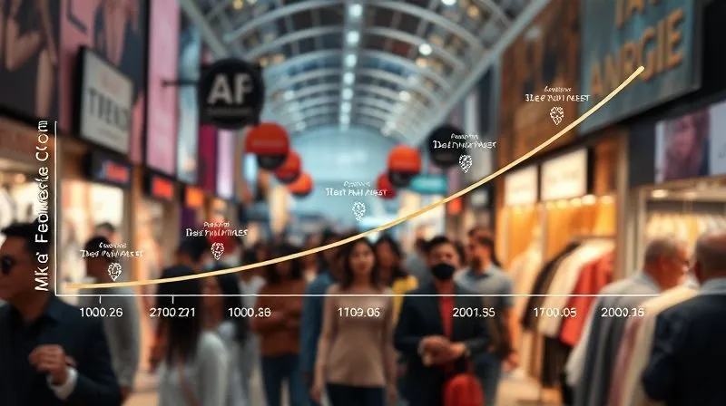 A photorealistic visualization of a trend lifecycle curve, showing phases of introduction, rise, peak, and decline for a jewelry piece, set against a backdrop of a bustling fashion market. Professional photography, 8K, cinematic lighting, sharp focus, depth of field, shot on a high-end DSLR.