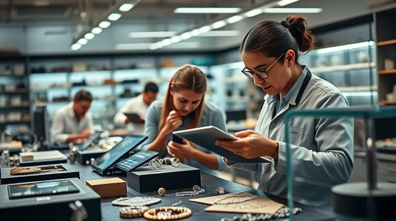 A photorealistic depiction of a modern jewelry workshop, with designers collaborating on digital tablets and artisans working on intricate pieces. The scene emphasizes efficiency and innovation, with cinematic lighting and sharp focus on the creative process. Professional photography, 8K, depth of field, shot on a high-end DSLR.