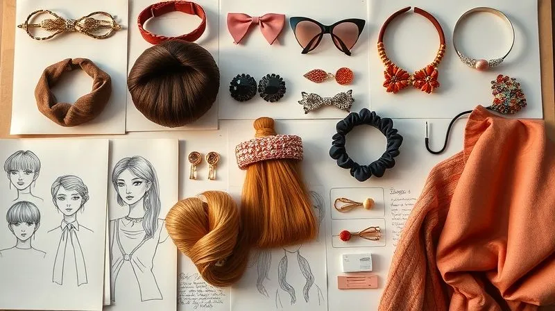 photorealistic, professional photography, 8K, cinematic lighting, sharp focus, depth of field, shot on a high-end DSLR, a curated mood board with various high-fashion hair accessories from recent runway shows, alongside sketches and swatches of materials, illuminated by a warm, creative light, symbolizing trend analysis