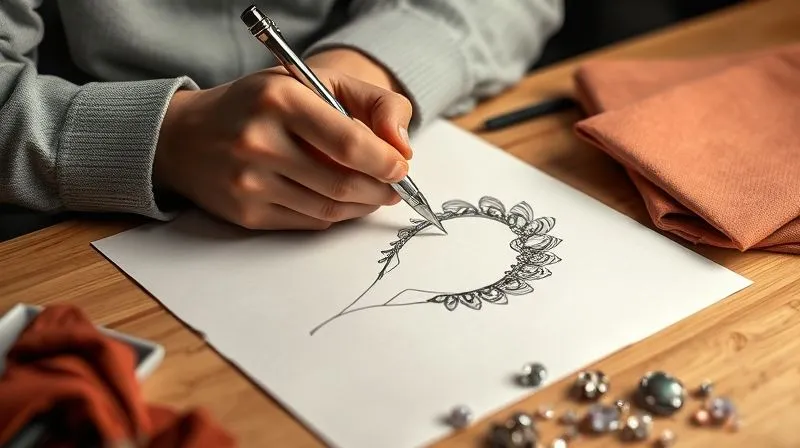 photorealistic, professional photography, 8K, cinematic lighting, sharp focus, depth of field, shot on a high-end DSLR, a designer's hands meticulously sketching a hair accessory design, transitioning from an abstract, high-fashion concept to a more refined, retail-ready version, with swatches of fabric and gemstones nearby, emphasizing the translation process