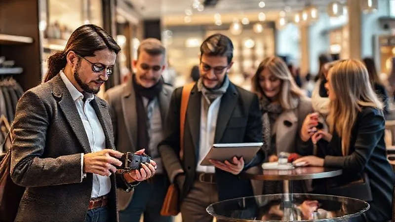 A diverse group of affluent individuals, representing various psychographic profiles, engaged in different luxury shopping experiences – one examining a high-end belt in a boutique, another browsing on a tablet, a third discussing fashion with friends at a cafe. Photorealistic, professional photography, 8K, cinematic lighting, sharp focus, depth of field blurring the background, shot on a high-end DSLR.
