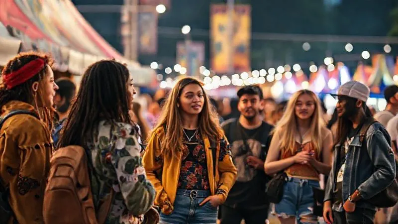 A photorealistic image of a diverse group of young, stylish individuals engaged in conversation at a vibrant street art festival, their clothing reflecting current streetwear trends. Professional photography, 8K, cinematic lighting, sharp focus on their dynamic interactions, depth of field blurring the background, shot on a high-end DSLR, conveying community and authentic style.