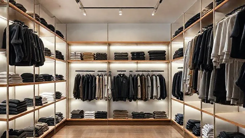 A photorealistic image of a sleek, minimalist retail space with perfectly organized shelves displaying a small, curated collection of high-quality streetwear garments. The lighting is soft and inviting, emphasizing the texture and design of the clothes. Professional photography, 8K, cinematic lighting, sharp focus on the clothing, depth of field blurring the background, shot on a high-end DSLR, conveying a sense of curated exclusivity and efficient inventory.