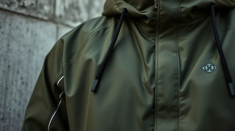 A photorealistic, professional photography close-up of a meticulously designed streetwear jacket. The jacket is crafted from a premium, waterproof technical fabric in a muted olive green, featuring subtle reflective piping along the seams and an embroidered, minimalist graphic logo on the chest. The texture of the fabric is visible, highlighting its technical properties, while the overall aesthetic remains distinctly urban and sophisticated. Cinematic lighting, 8K hyper-detailed, sharp focus on the fabric and embroidery, depth of field blurring a concrete wall in the background, shot on a high-end DSLR.