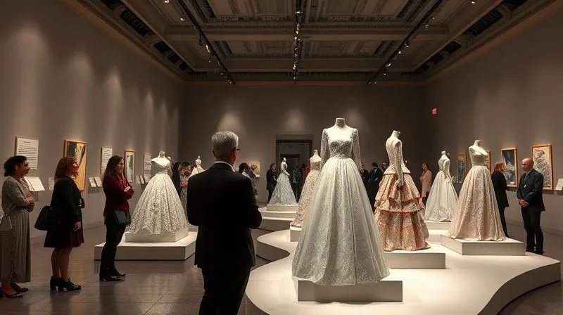 A photorealistic image of a meticulously curated haute couture exhibition in a grand gallery space. Spotlights highlight individual gowns displayed as sculptural art pieces, with detailed informational plaques. Visitors are observing with contemplative expressions. Professional photography, 8K, cinematic lighting, sharp focus on the gowns, depth of field, shot on a high-end DSLR.