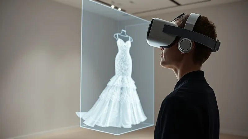 A photorealistic image of a person wearing an AR headset, interacting with a holographic projection of a haute couture gown floating in a minimalist digital gallery space. The gown is intricately detailed and appears almost real. Professional photography, 8K, cinematic lighting, sharp focus on the person and hologram, depth of field, shot on a high-end DSLR.
