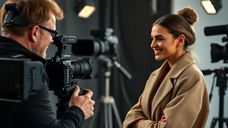 Photorealistic, professional photography, 8K, cinematic lighting, sharp focus, depth of field, shot on a high-end DSLR. A fashion photographer engaging in a warm, collaborative conversation with a high-fashion model on set, both smiling genuinely, surrounded by high-end camera equipment, reflecting mutual respect and creative partnership.