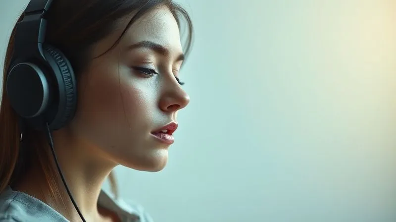 Photorealistic, professional photography, 8K, cinematic lighting, sharp focus, depth of field, shot on a high-end DSLR. A high-fashion model, eyes closed, headphones on, deeply immersed in thought, a subtle, complex emotion playing on her face, in a minimalist studio bathed in soft, ethereal light, conveying introspection and artistic depth.