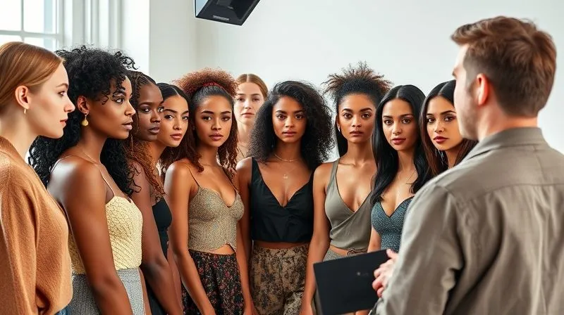 Photorealistic, professional photography, 8K, cinematic lighting, sharp focus, depth of field, shot on a high-end DSLR. A diverse group of high-fashion models in a modern, brightly lit casting studio, each exuding unique personality and subtle emotional depth, engaging with a casting director who is observing their expressions and body language intently, a sense of quiet potential and individuality.