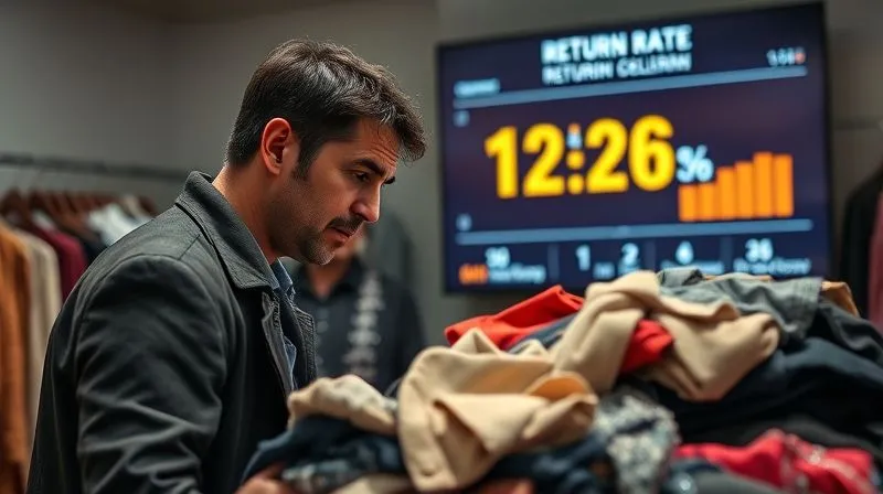 photorealistic, professional photography, 8K, cinematic lighting, sharp focus, depth of field, shot on a high-end DSLR. A distressed fashion designer looking at a pile of returned garments, a digital screen in the background displaying high return rate statistics, symbolizing the financial and operational burden of returns.