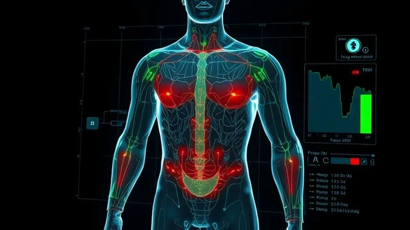 photorealistic, professional photography, 8K, cinematic lighting, sharp focus, depth of field, shot on a high-end DSLR. A detailed digital interface showing a 3D body scan overlayed with a garment pattern, highlighting areas of potential fit issues with red, and perfect fit areas with green. The scene emphasizes data analysis and precision in garment matching.