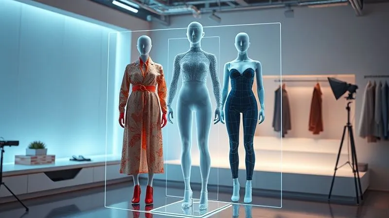photorealistic, professional photography, 8K, cinematic lighting, sharp focus, depth of field, shot on a high-end DSLR. A futuristic fashion design studio, a holographic display showing a 3D garment being designed with real-time fit analysis on a virtual avatar, diverse body shapes represented, emphasizing innovation and personalized fashion.