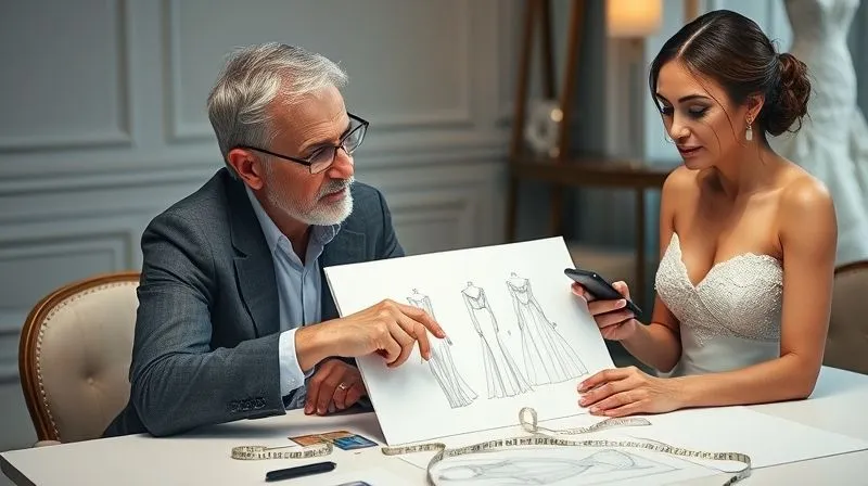 A photorealistic image of a bridal designer and a bride at a consultation table. The designer is pointing to a detail on a complex sketch of a wedding dress, looking empathetic but firm. The bride is looking at the sketch with a slightly furrowed brow, holding a phone with an inspiration photo. The table has swatches and measurement tape. Cinematic lighting, sharp focus on their interaction, depth of field blurring the elegant atelier background, 8K hyper-detailed.