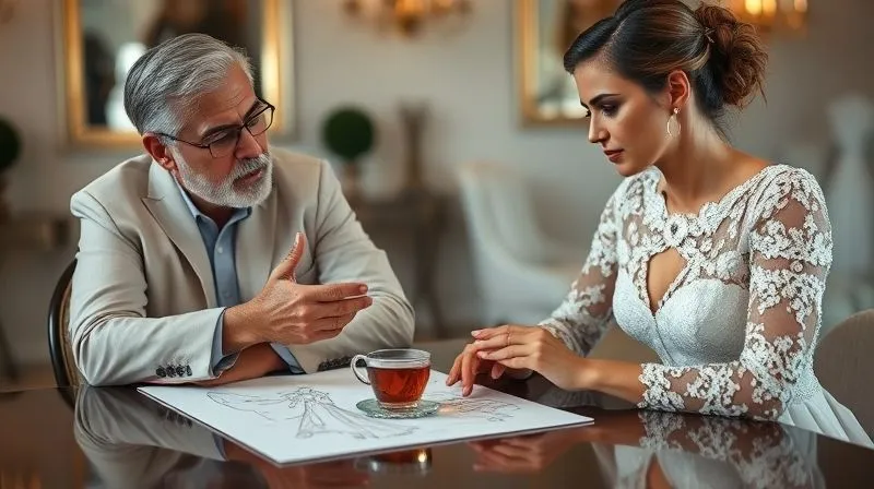 A photorealistic, professional photography, 8K, cinematic lighting, sharp focus, depth of field, shot on a high-end DSLR image of a bridal designer and a bride sitting at a table, both looking at a detailed sketch. The designer is calmly explaining a point, using hand gestures, and the bride is listening intently, a look of thoughtful consideration on her face. A cup of tea sits between them. The atmosphere is calm and respectful, suggesting a resolution in progress. Elegant atelier background.