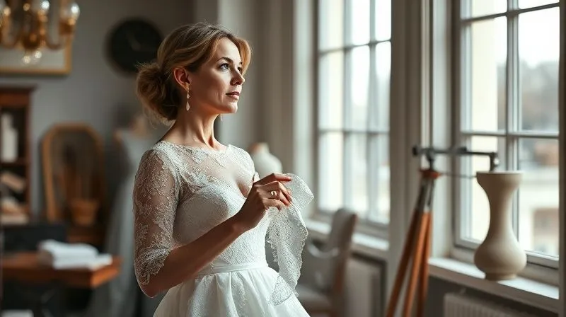 A photorealistic, professional photography, 8K, cinematic lighting, sharp focus, depth of field, shot on a high-end DSLR image of a bridal designer standing in her elegant atelier, looking out a large window with a thoughtful, serene expression. She holds a delicate piece of lace in her hand, suggesting reflection and calm amidst creativity. Soft, natural light fills the room, highlighting the textures of fabrics and tools around her. The mood is reflective, resilient, and professional.