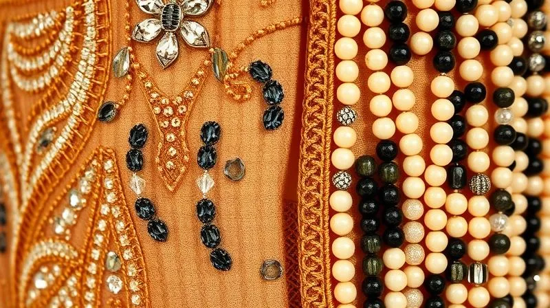 A highly detailed, photorealistic, professional photography shot of intricate hand-sewn glass beadwork on a vintage 1920s flapper dress, showing subtle signs of age and patina. Another section shows uniform, plastic machine-sewn beads on a modern reproduction, highlighting the distinct differences in material and craftsmanship. Cinematic lighting, sharp focus, depth of field, 8K, shot on a high-end DSLR.
