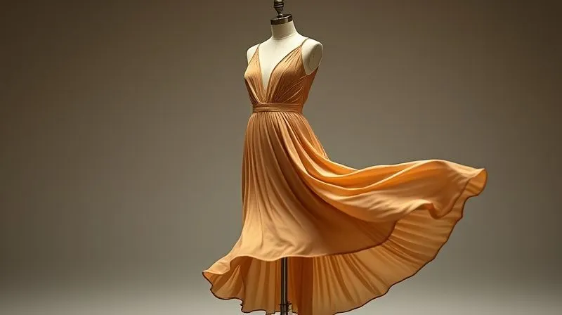 A full-length, photorealistic, professional photography shot of an authentic 1920s flapper dress on a mannequin, showcasing its characteristic straight silhouette, dropped waist, and fluid drape as if in motion. Cinematic lighting, sharp focus on the fabric's flow, depth of field, 8K, shot on a high-end DSLR, conveying elegance and freedom of movement.