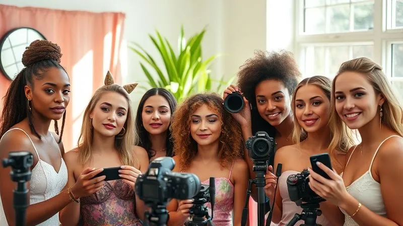 A diverse group of micro-influencers, each with a unique, creative makeup look, collaborating in a vibrant, natural light studio, surrounded by modern beauty tools and cameras. Photorealistic, professional photography, 8K, cinematic lighting, sharp focus, depth of field, shot on a high-end DSLR.